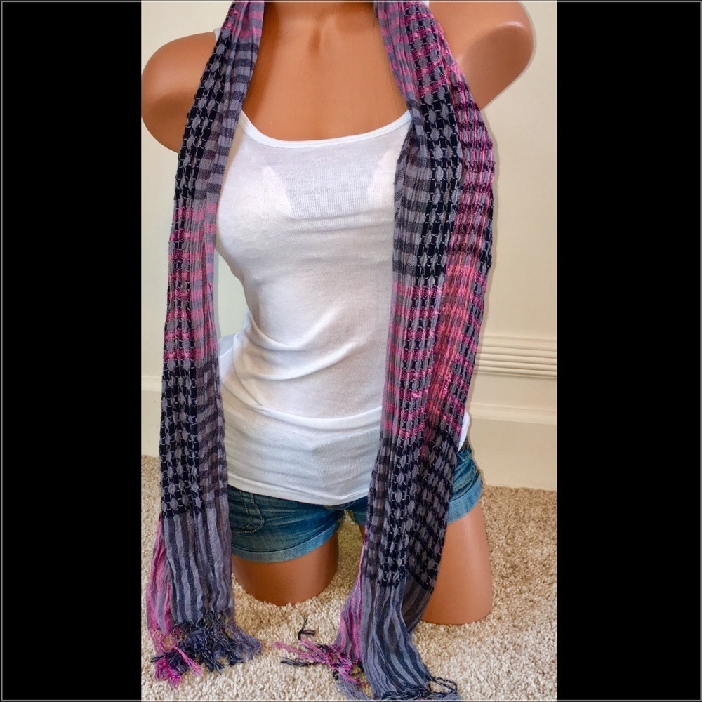 Long Pink Plaid Scarf Fringe Ends NWOT